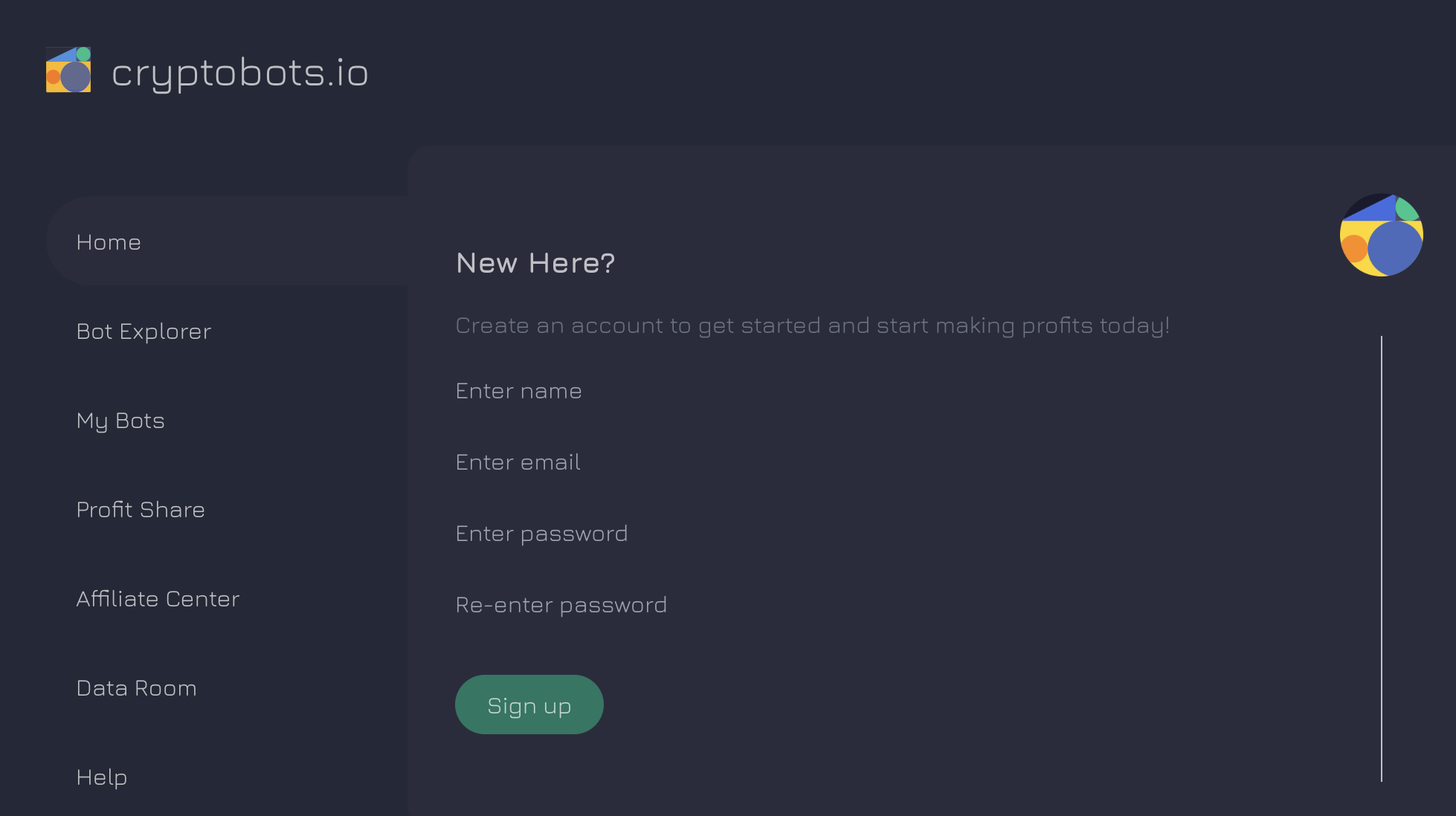 Cryptobots.io Account Creation Interface