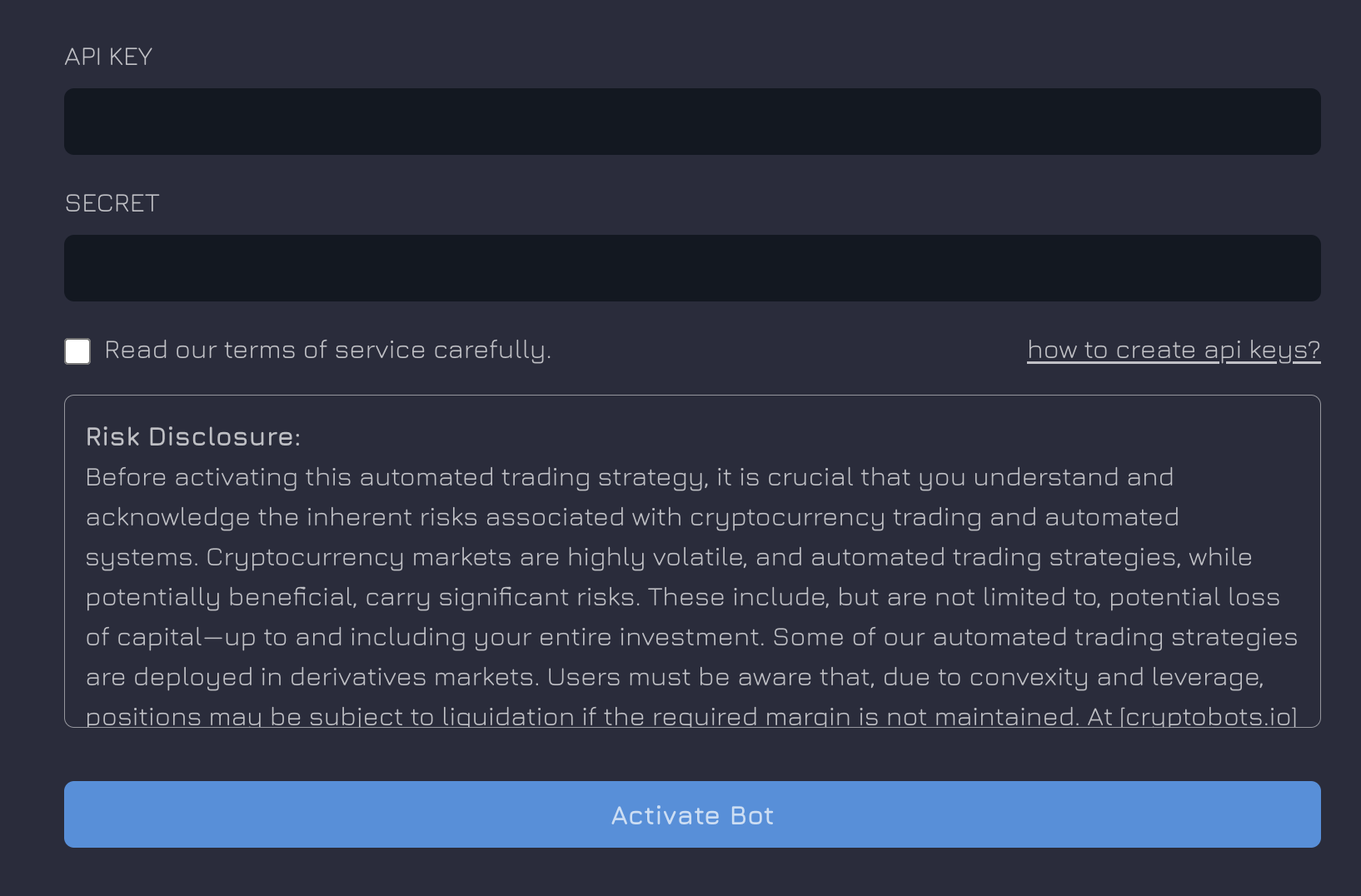 Submit API Keys and Read Terms